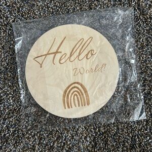 Hello World newborn baby announcement plaque hospital birth details sign rainbow